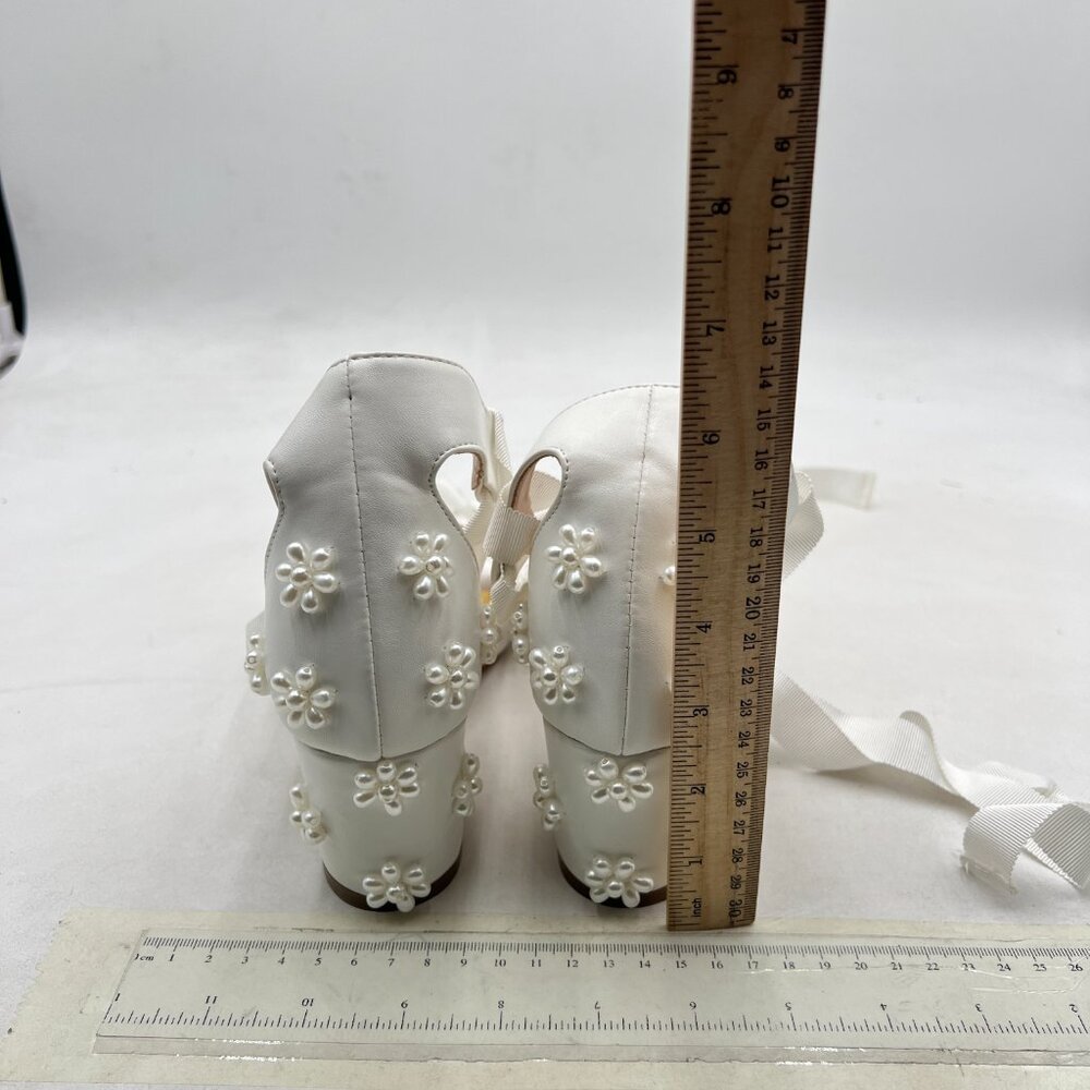 XYD White Open Toe with Bloom Pearl Flower Ribbon Ankle Strap Chunky Heel Sandal - Picture 5 of 8